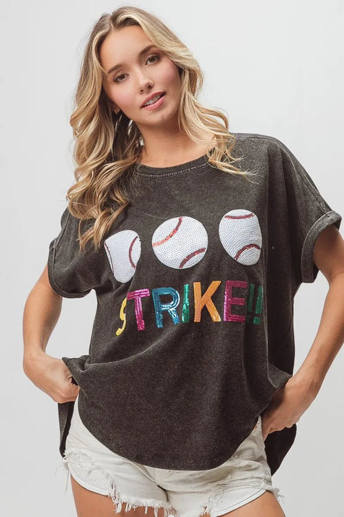BiBi Sequin Baseballs Strike Washed Short Sleeve Top - JUST - JEN BOUTIQUE