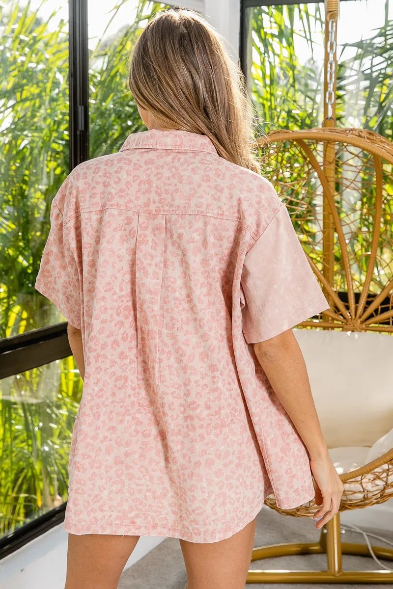 BiBi Mineral Washed Leopard Print Short Sleeve Shirt - JUST - JEN BOUTIQUE