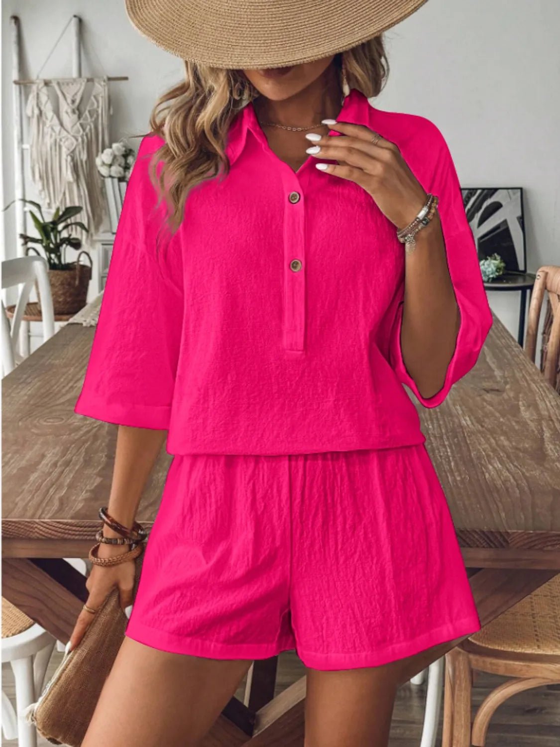 Collared Neck Half Sleeve Top and Shorts Set - JUST - JEN BOUTIQUE