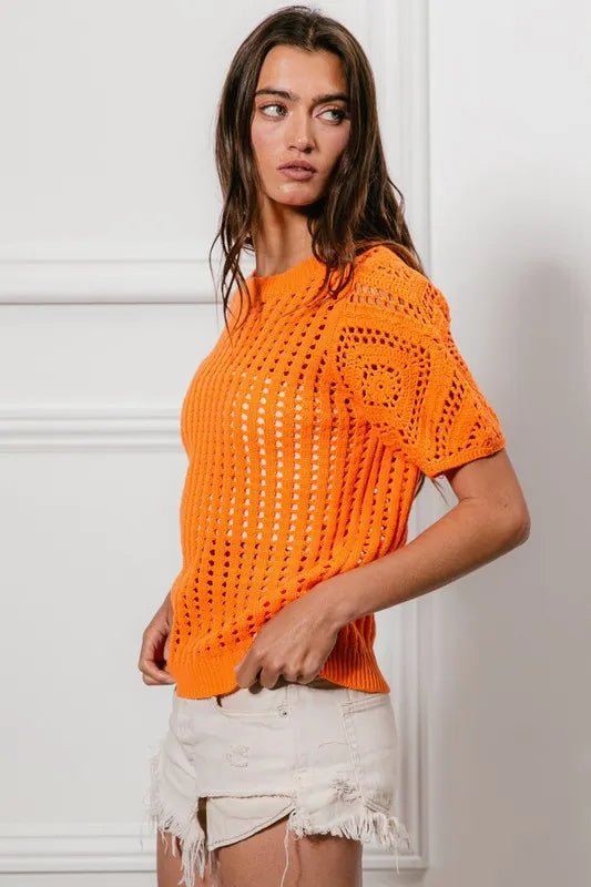 BiBi Crochet Knit Cover Up With Puff Sleeves - JUST - JEN BOUTIQUE