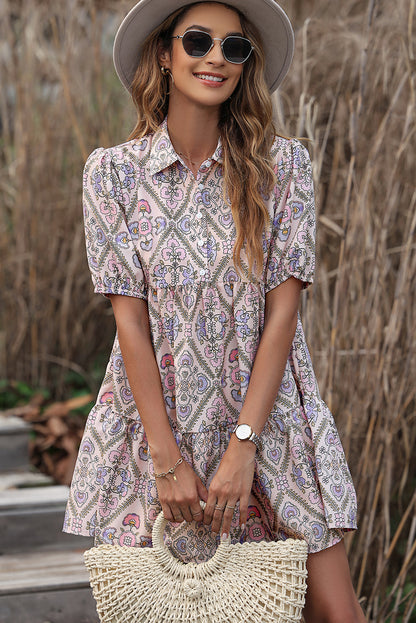 Pink Floral Button Shirt Collar Puff Sleeve Ruffle Dress