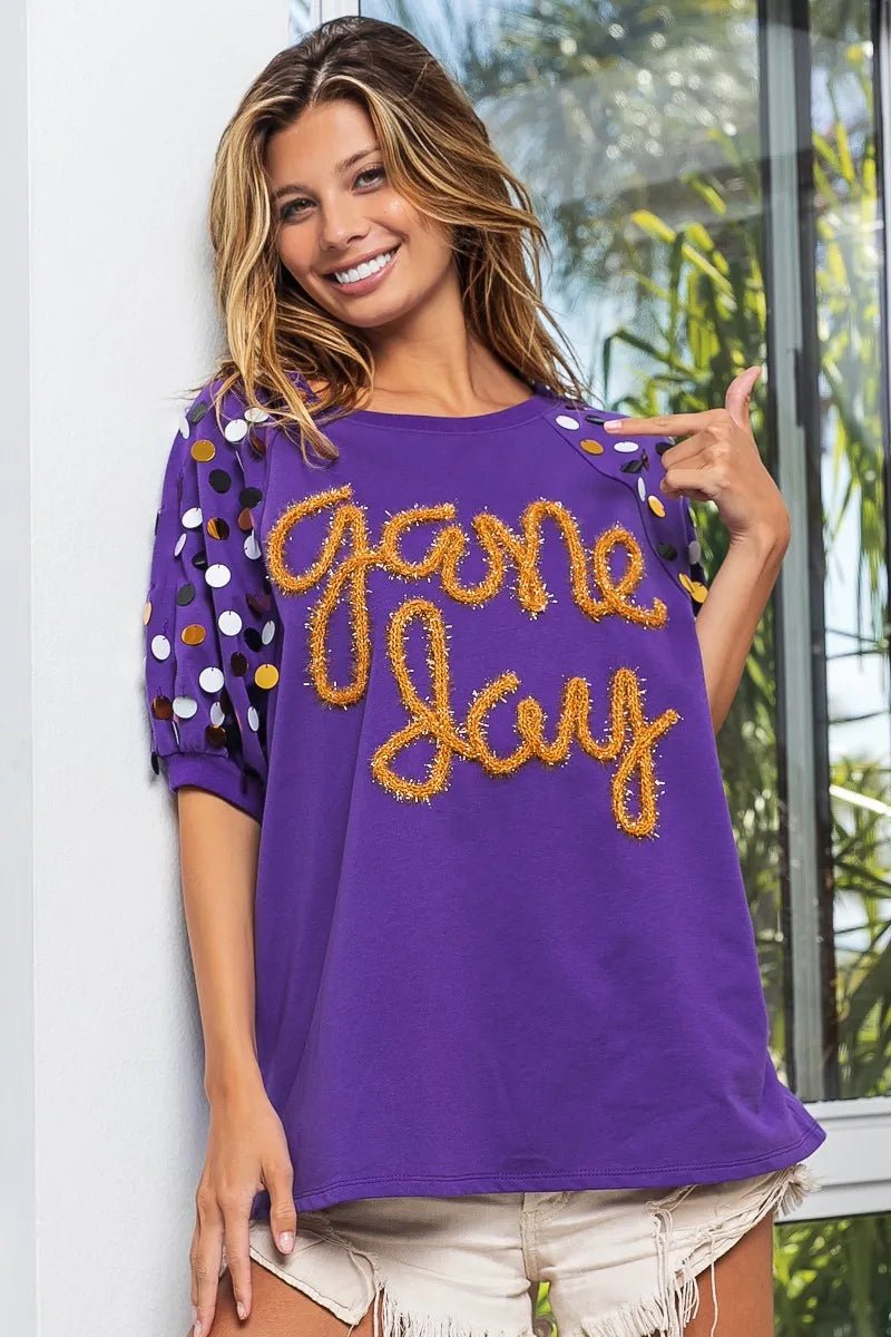 BiBi Game Day Metallic Letter Spangle Sleeve Top - JUST - JEN BOUTIQUE