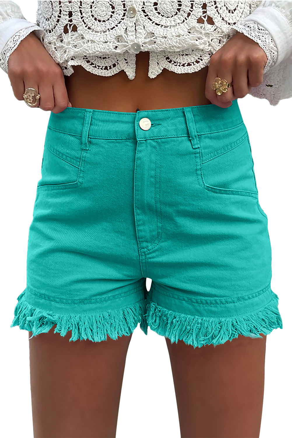 Turquoise Raw Hem Mid Rise Denim Shorts