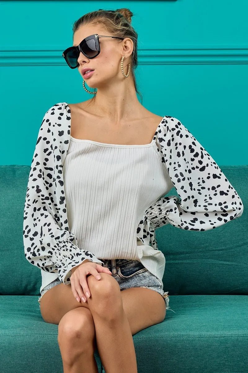 BiBi Ribbed Top with Leopard Long Sleeves - JUST - JEN BOUTIQUE