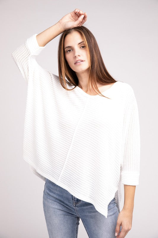 3/4 Sleeve V-Neck Hi-Low Hem Jacquard Sweater