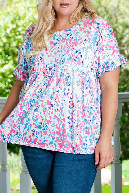 Purple Vibrant Botanical Print Frill Short Sleeve Plus Size Top