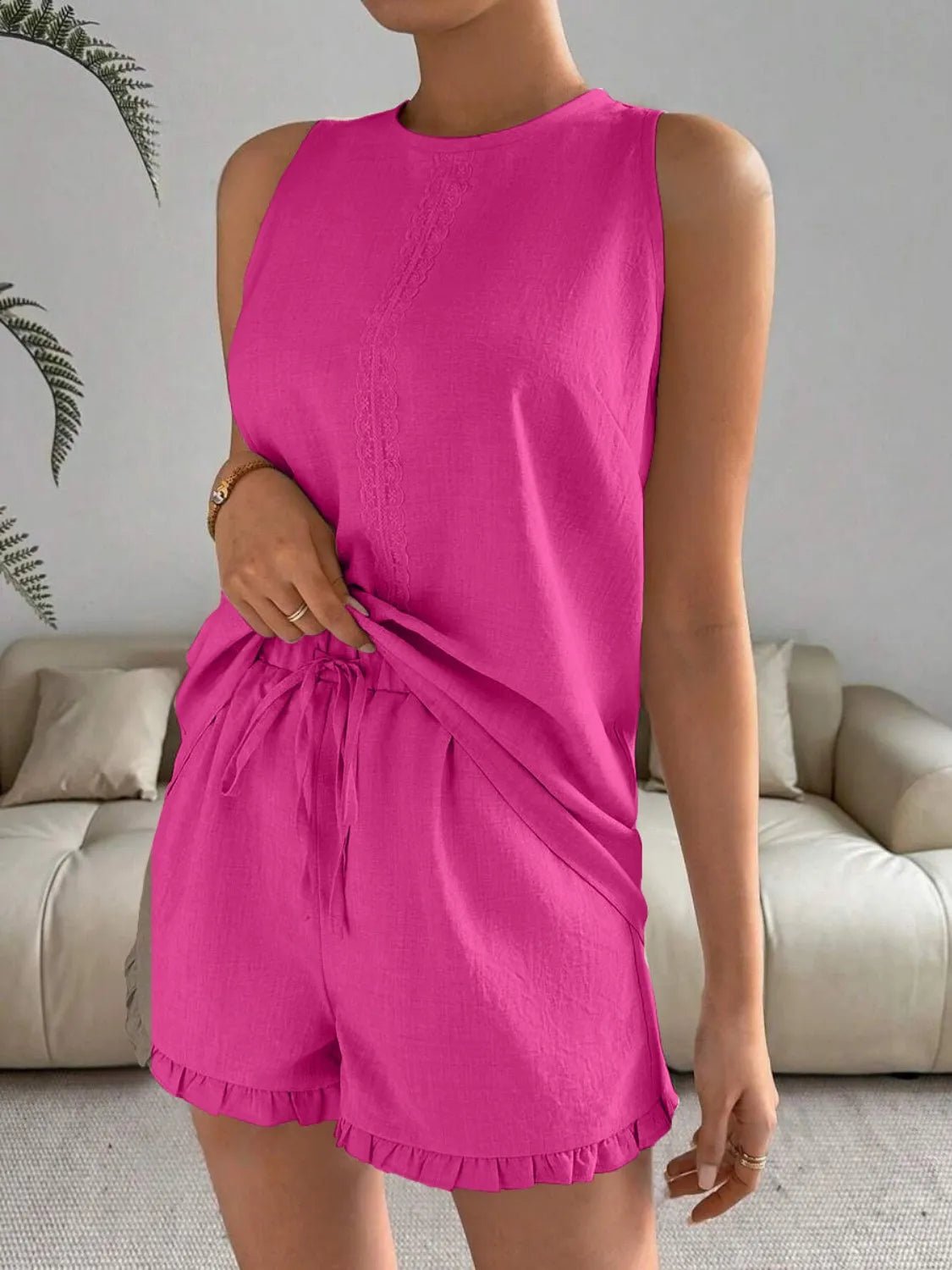 Lace Detail Round Neck Tank and Shorts Set - JUST - JEN BOUTIQUE