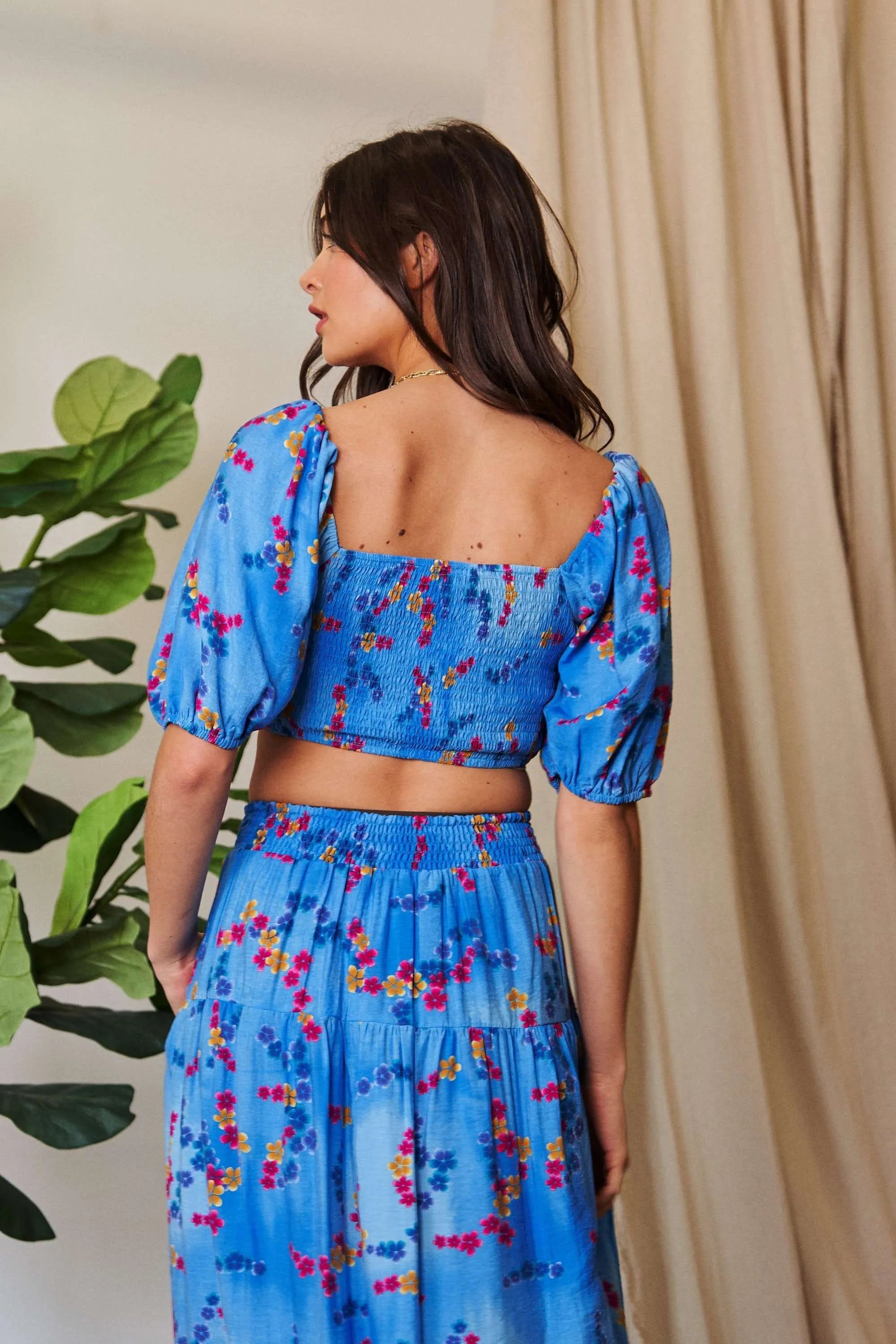 Davi & Dani Smocing Bodice Puff Short Sleeve Printed Crop Top - JUST - JEN BOUTIQUE