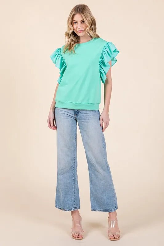 Lime 'N' Chili Solid Shoulder Ruffle Detail Round Neck Top - JUST - JEN BOUTIQUE