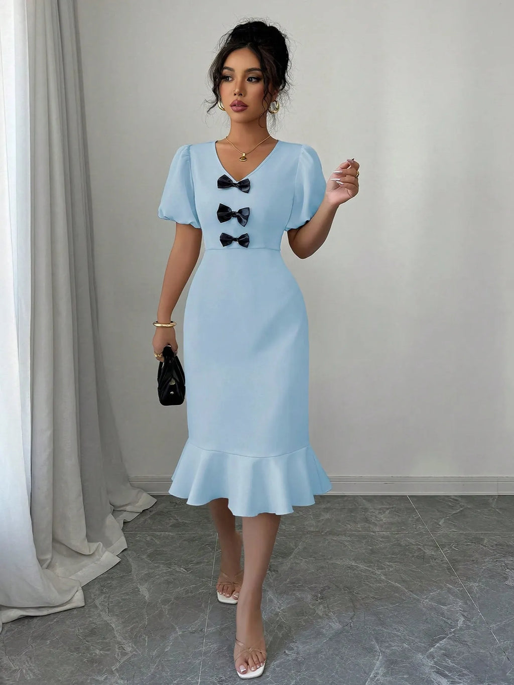 Bow Detail Puff Sleeve Midi Dress - JUST - JEN BOUTIQUE