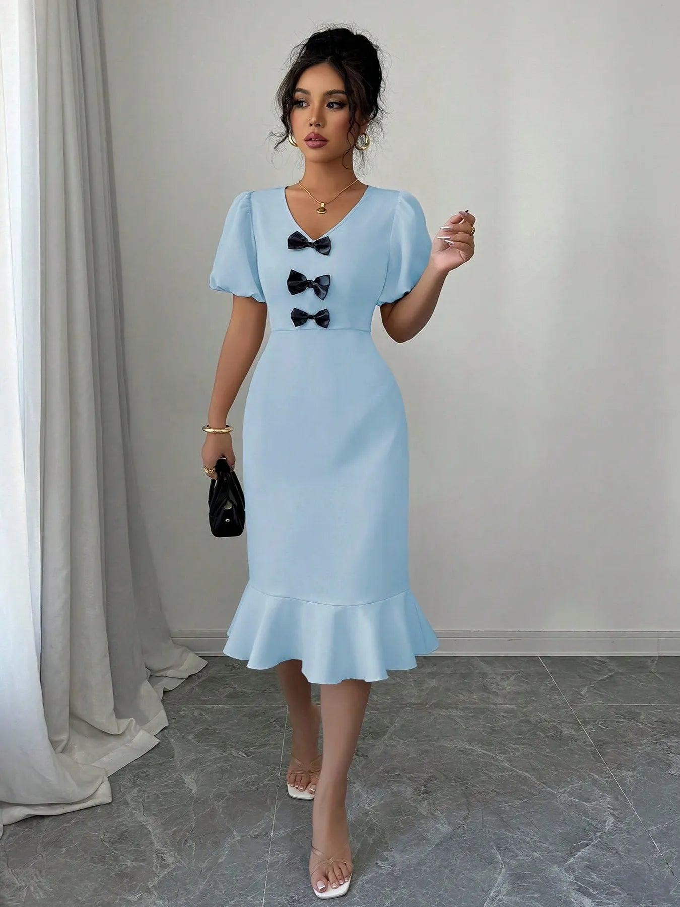 Bow Detail Puff Sleeve Midi Dress - JUST - JEN BOUTIQUE