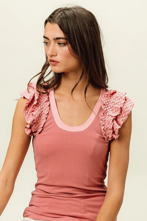 BiBi Rib Knit With Textured Ruffled Top - JUST - JEN BOUTIQUE