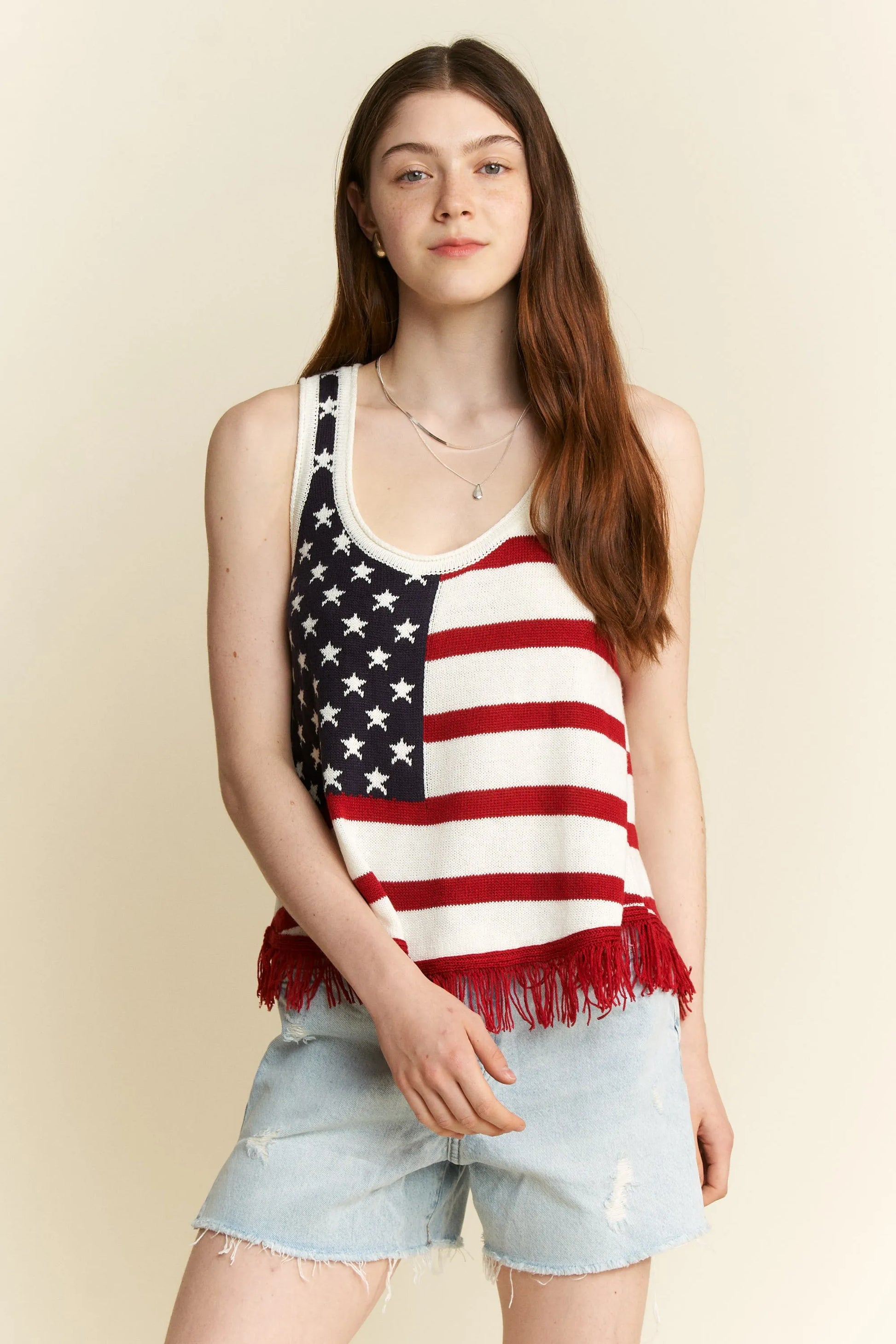 Jade By Jane Full Size American Flag Fringe Tank Top Plus Size - JUST - JEN BOUTIQUE