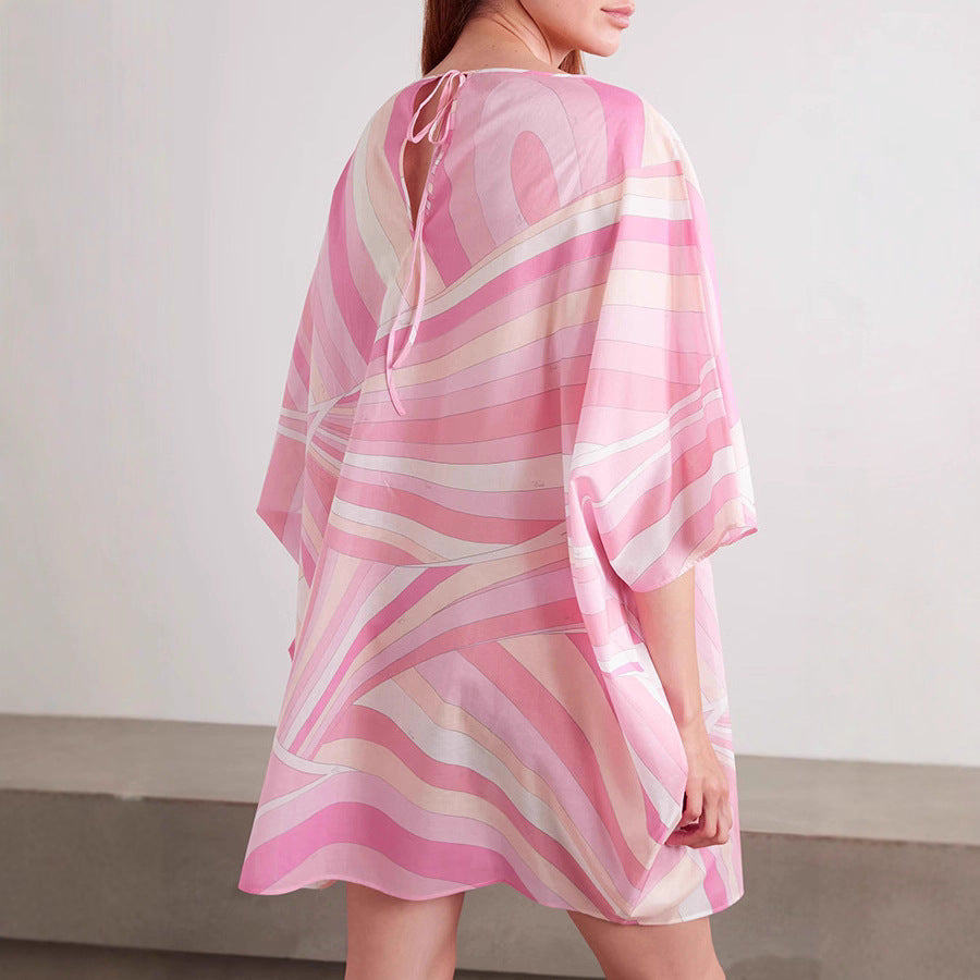 Women's Color Block A-Line Mini Dress – 3/4 Sleeve Round Neck Casual Swing Dress