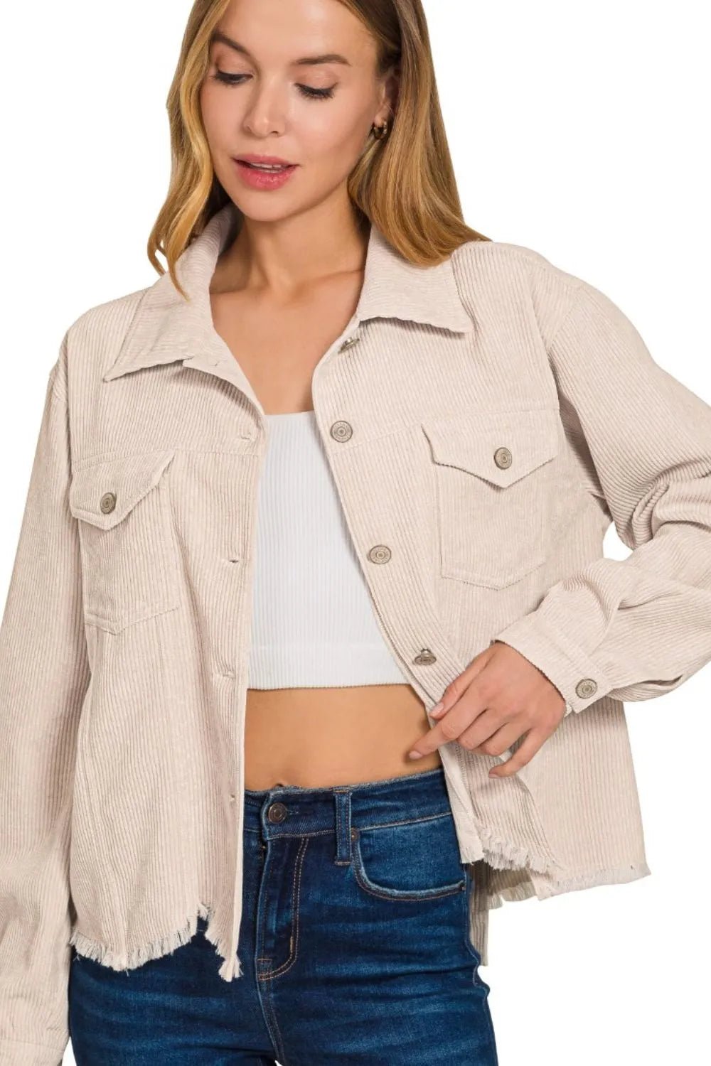 Zenana Distressed Corduroy Frayed Hem Cropped Jacket - JUST - JEN BOUTIQUE