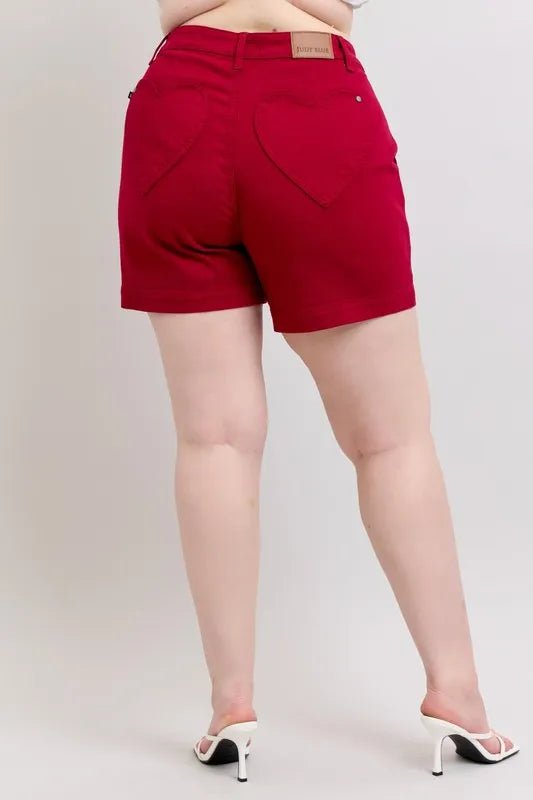 Judy Blue Full Size High Waist Tummy Control Garment Dyed Heart Shaped Denim Shorts Plus Size - JUST - JEN BOUTIQUE