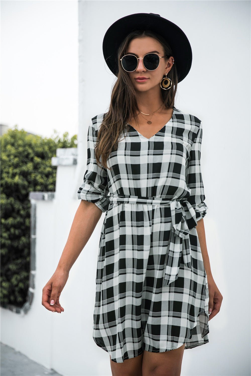 Plaid V - Neck Tie Waist Dress - JUST - JEN BOUTIQUE