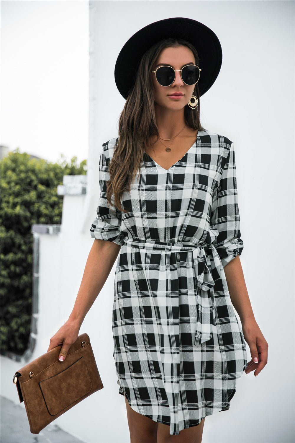 Plaid V - Neck Tie Waist Dress - JUST - JEN BOUTIQUE