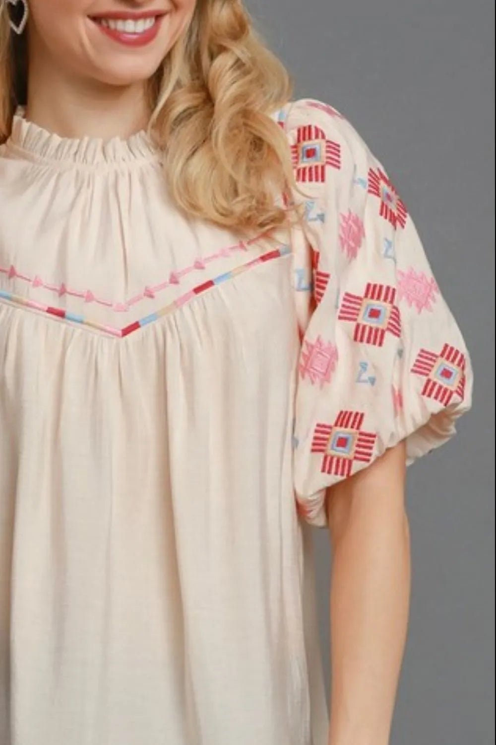 Umgee Full Size Embroidered Puff Sleeve Mock Neck Top Plus Size - JUST - JEN BOUTIQUE