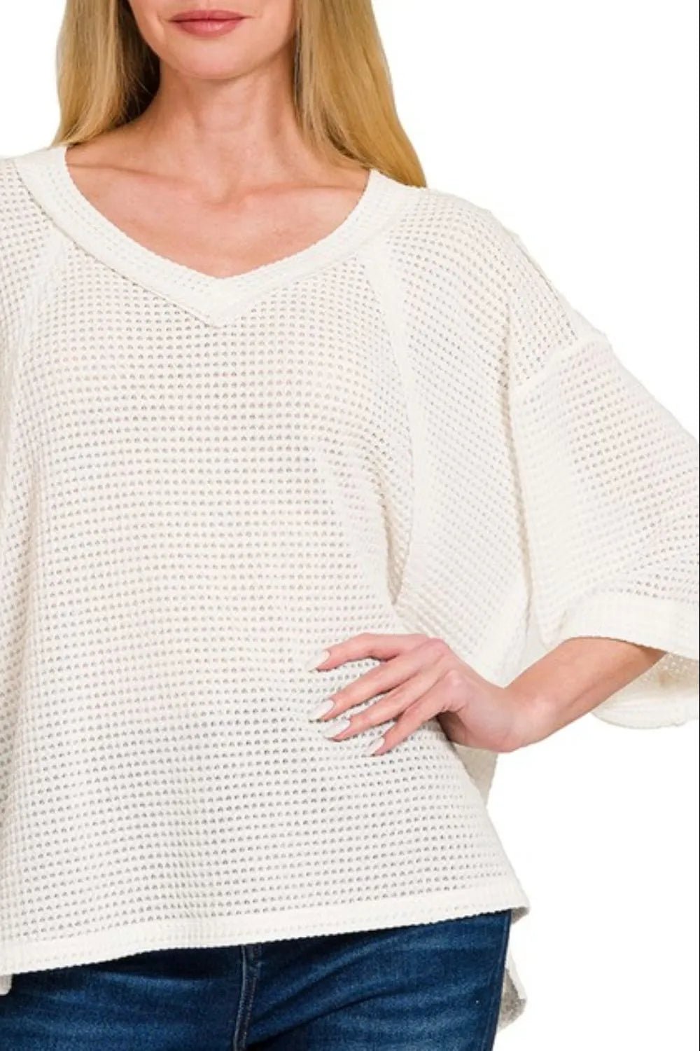 Zenana Brushed Waffle Exposed - seam 3/4 Sleeve Top - JUST - JEN BOUTIQUE