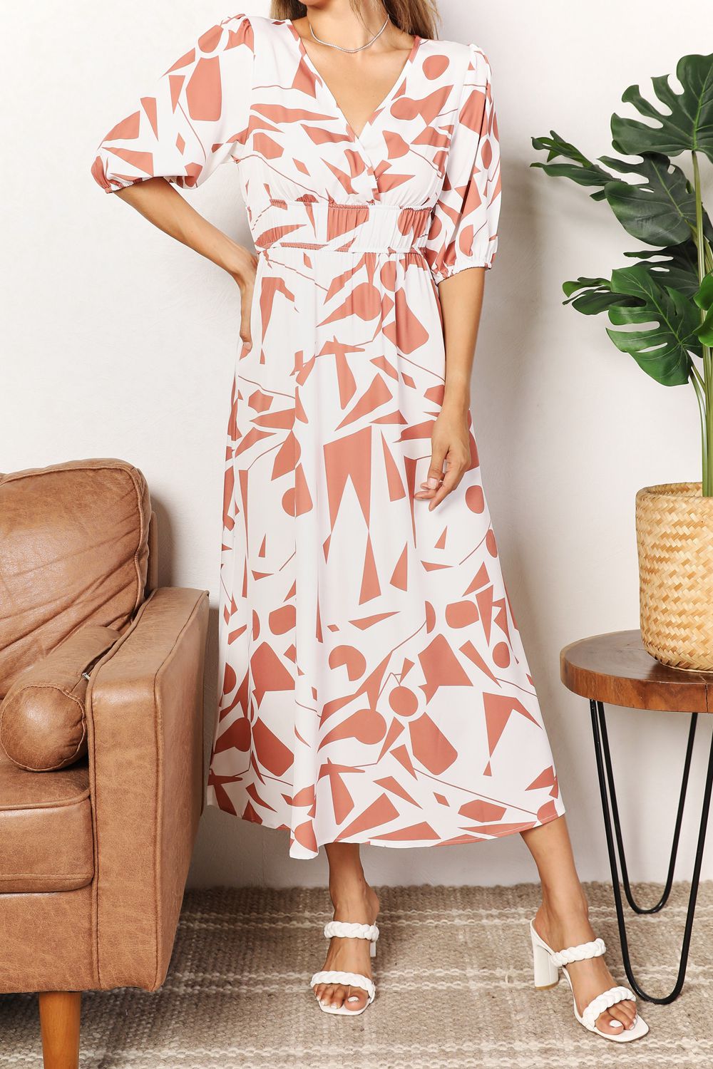 Printed Surplice Balloon Sleeve Dress - JUST - JEN BOUTIQUE