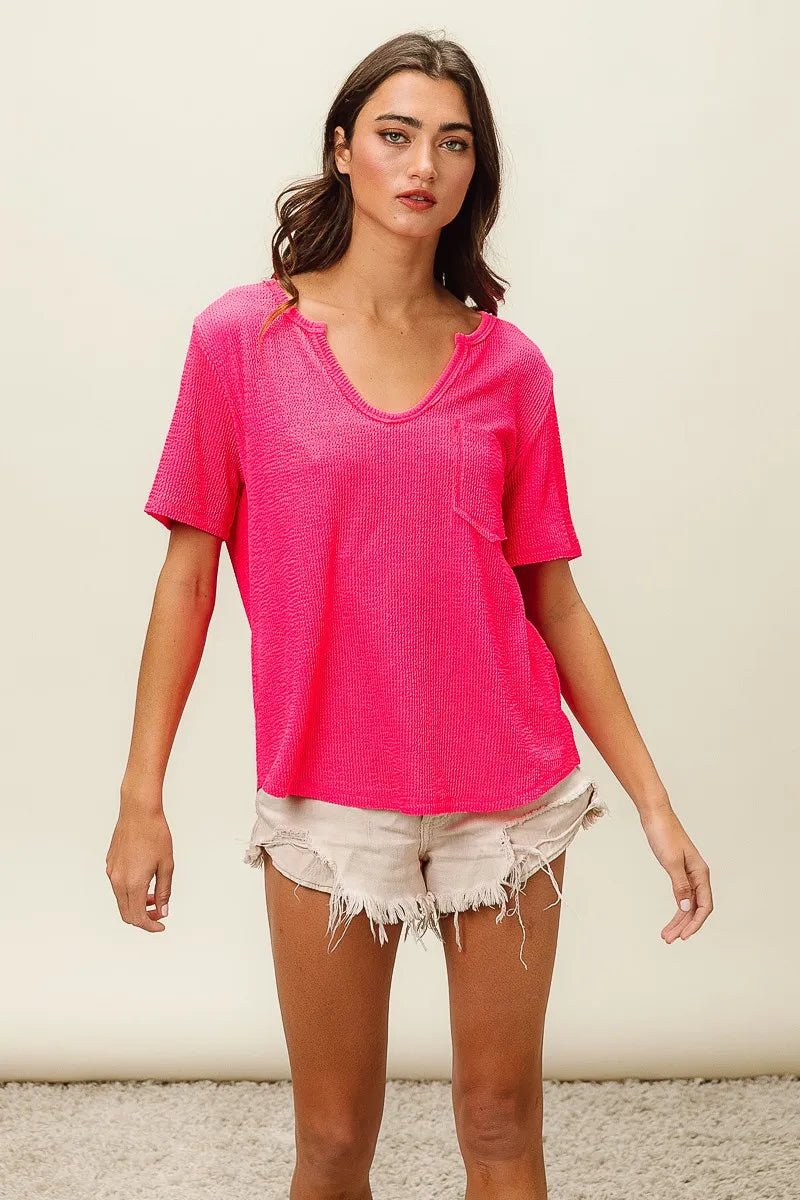 BiBi Waved Rib U Neck Top With Front Pocket - JUST - JEN BOUTIQUE