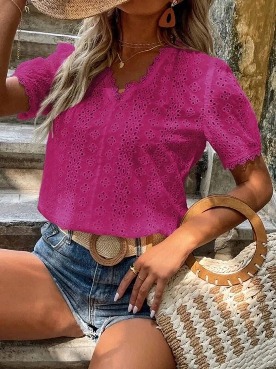 Full Size Eyelet V - Neck Short Sleeve Blouse Plus Size - JUST - JEN BOUTIQUE
