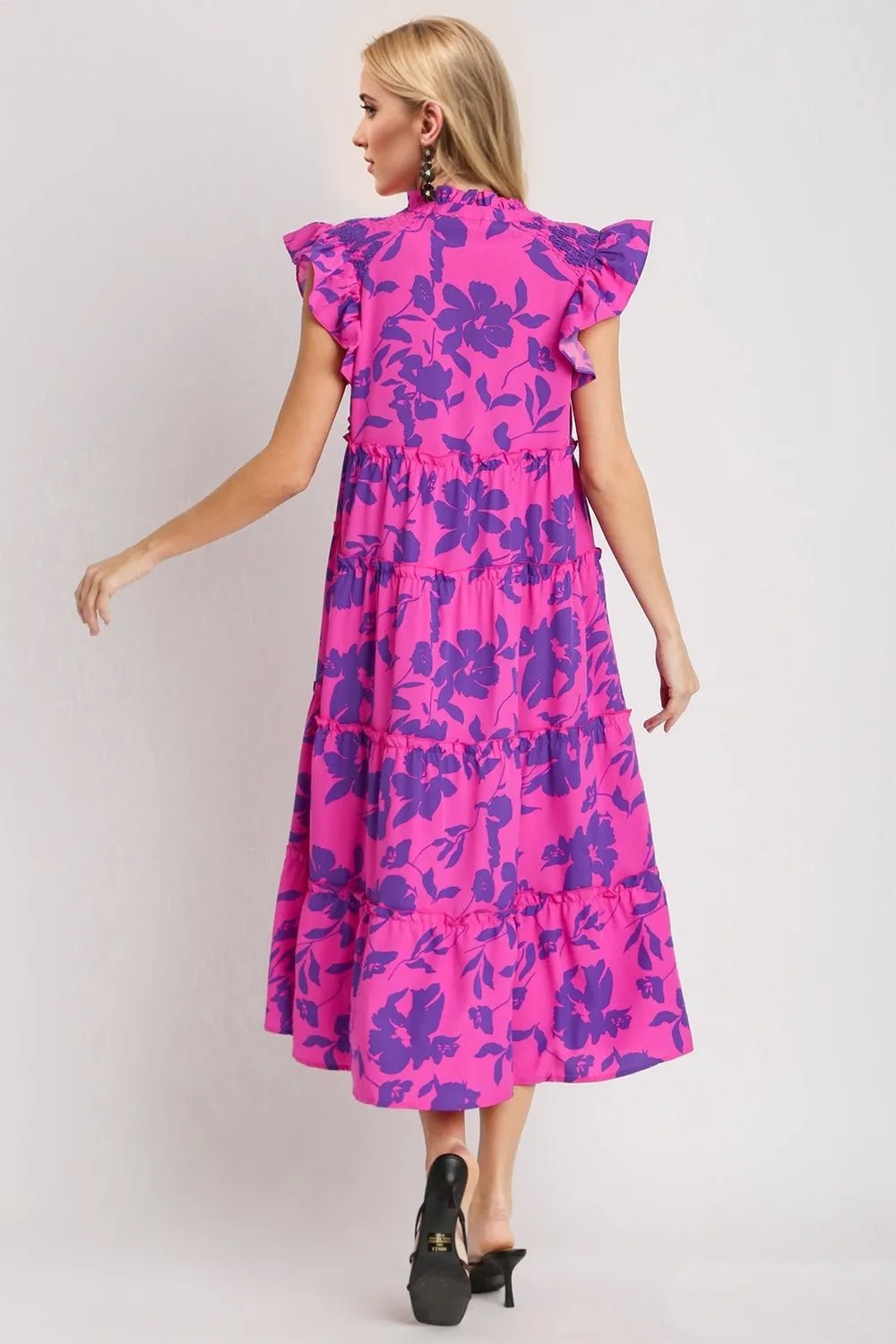 Oh Full Size Ruffled Printed Notched Cap Sleeve Midi Dress - JUST - JEN BOUTIQUE