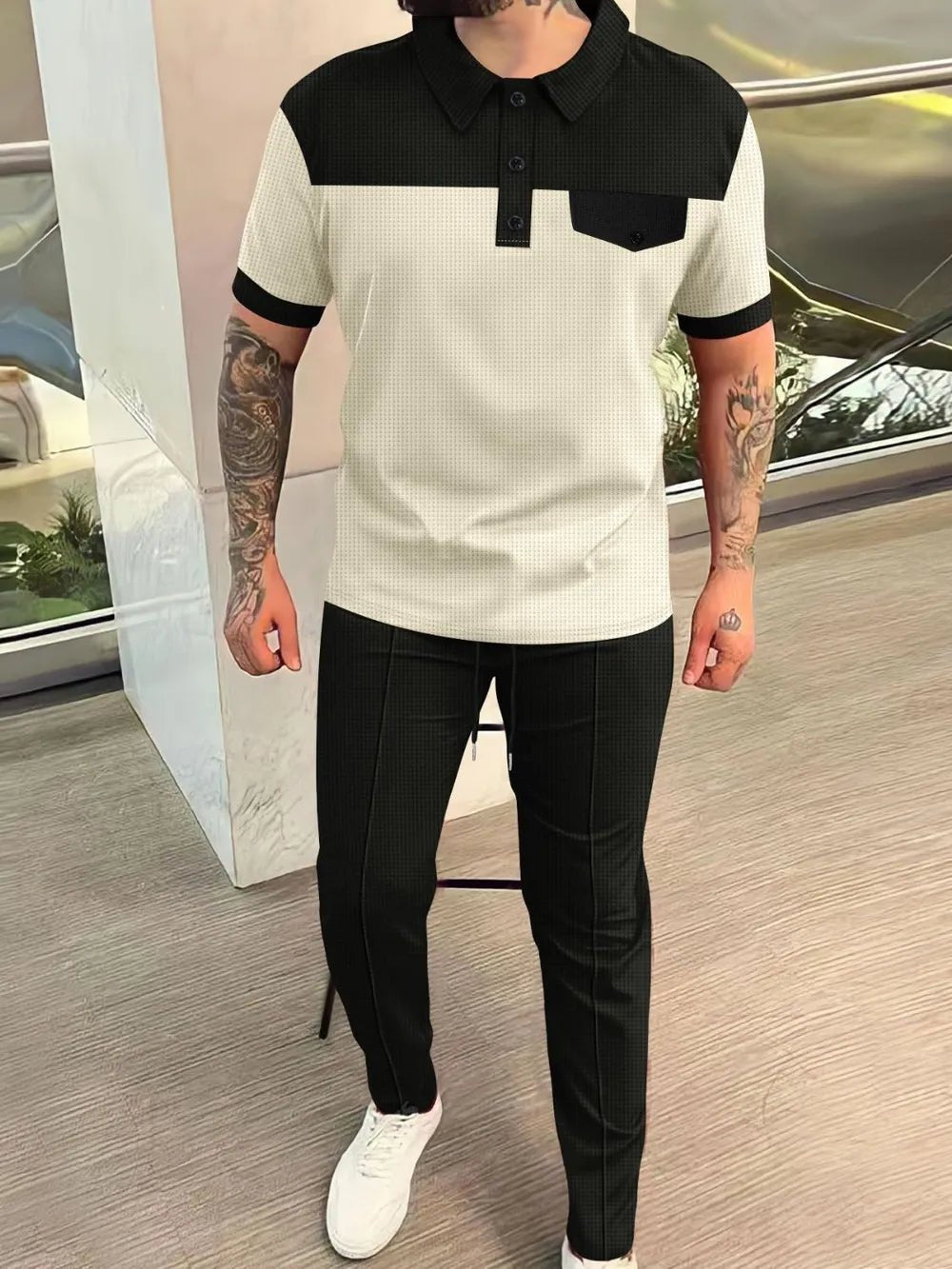 Men‘s Full Size Waffle - Knit Contrast Top and Pants Set Plus Size - JUST - JEN BOUTIQUE