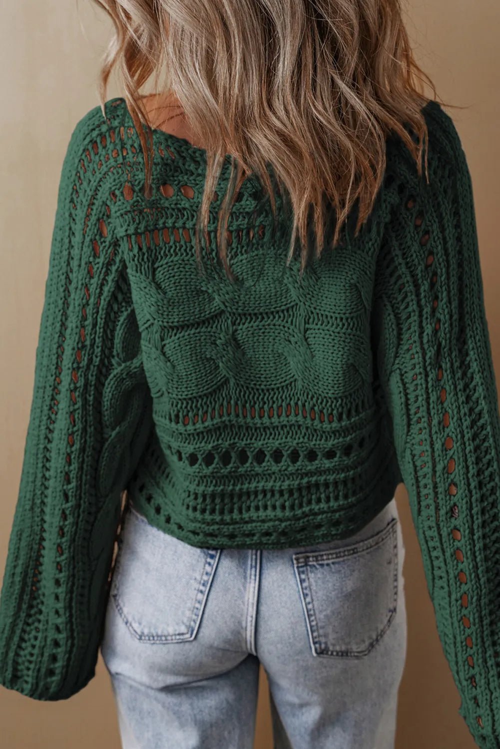 Cable - Knit Openwork Long Sleeve Sweater - JUST - JEN BOUTIQUE