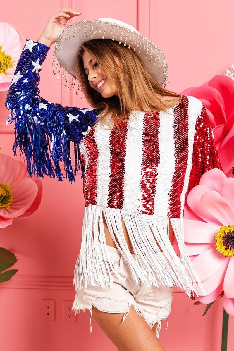 BiBi American Flag Theme Fringe Detailed Sequins Crop Top - JUST - JEN BOUTIQUE