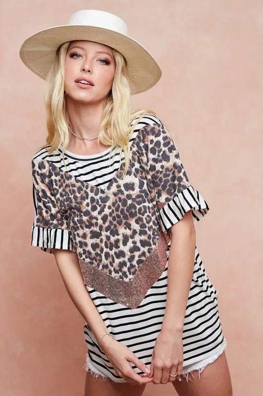 BiBi Stripe Rayon Span Knit Color Block Top With Leopard - JUST - JEN BOUTIQUE