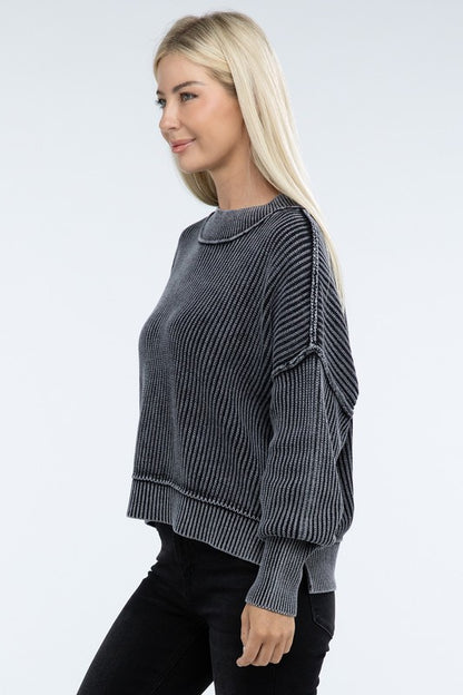 Washed Side Slit Oversized Cropped Sweater