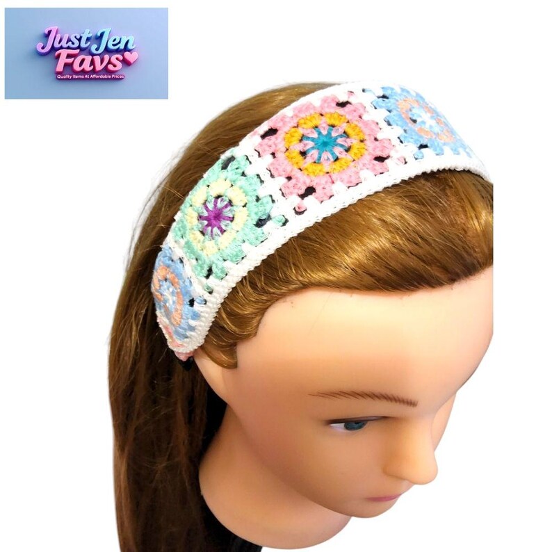 Black Satin Headband with Multi-Color Crochet Embroidery, Designed By Just Jen