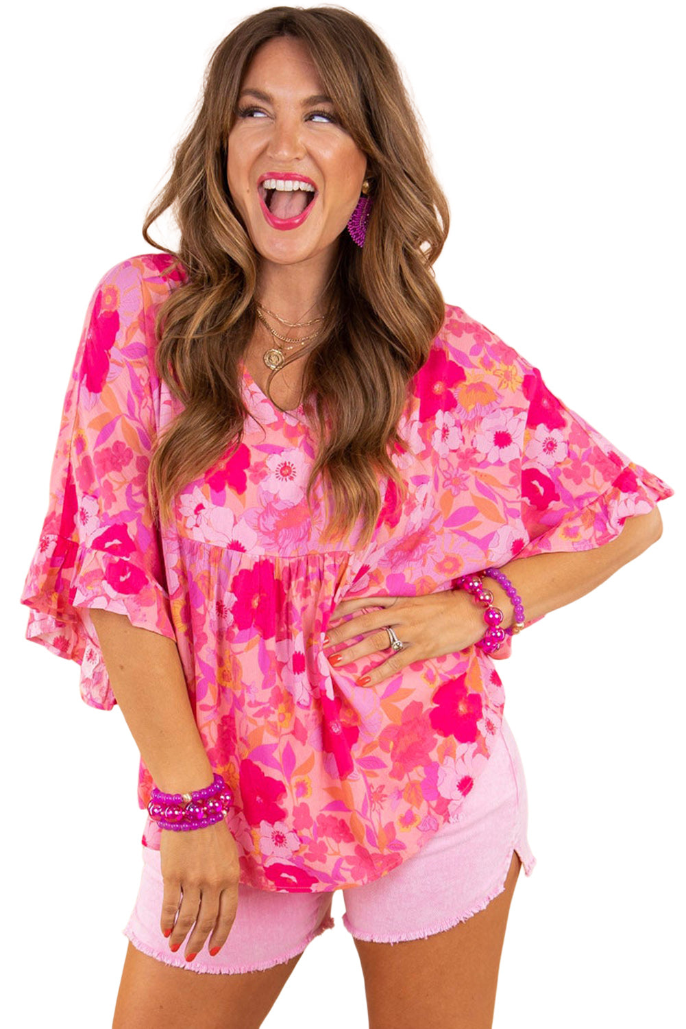 Rose Floral Print Ruffled Half Sleeve Plus Size Babydoll Blouse