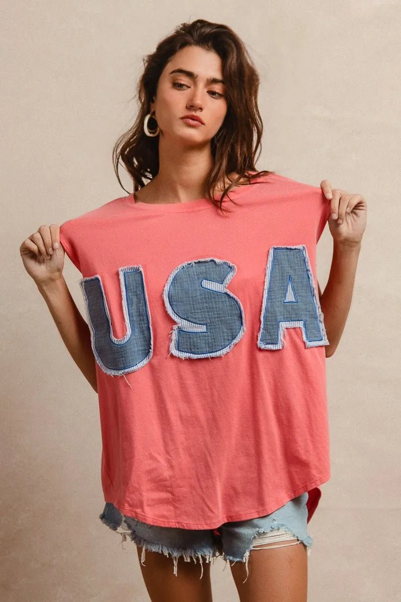 BiBi Washed Jersey With Usa Patched Raw Cut Edge Detail - JUST - JEN BOUTIQUE