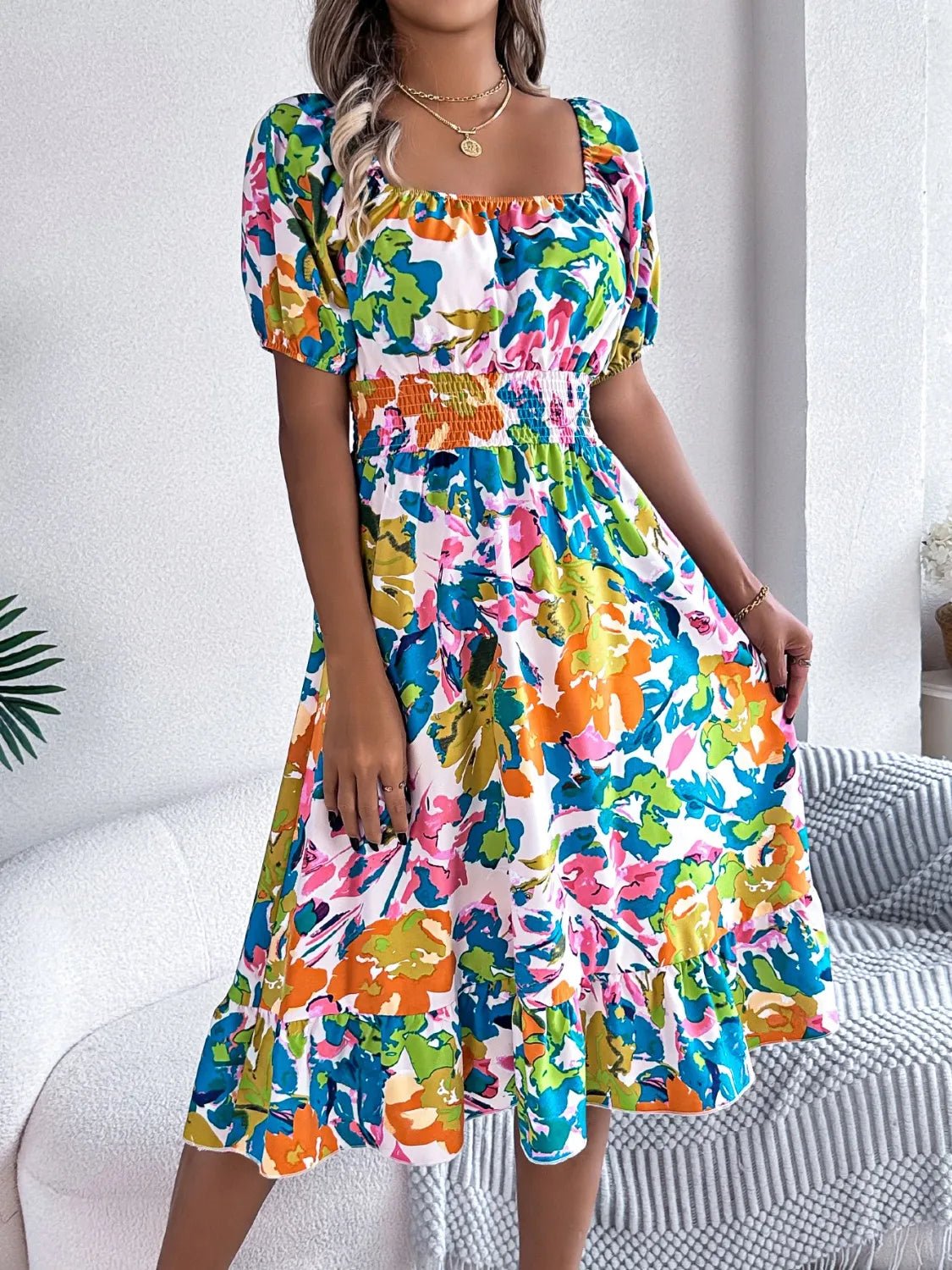 Ruffled Hem Smocked Floral Short Sleeve Midi Dress - JUST - JEN BOUTIQUE