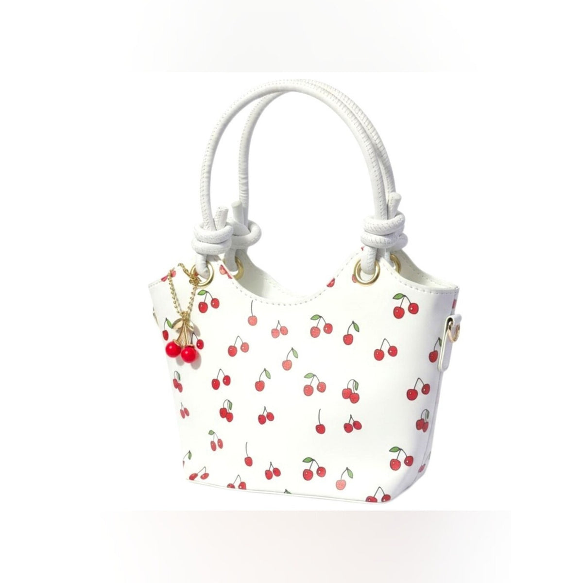 Cherry Print Faux Leather Crossbody Handbag Purse w/ Cherry Bag Charm