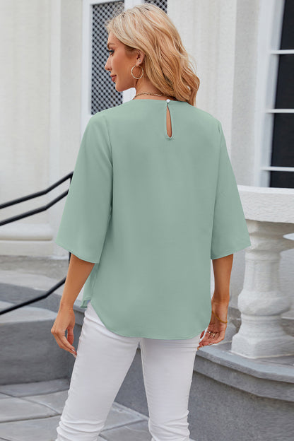 Round Neck Slit Half Sleeve Top