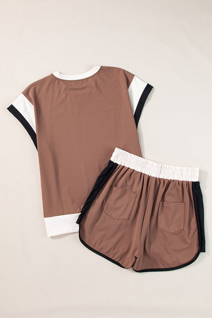 Rose Red Contrast Trim Cap Sleeve Tee Shorts Set