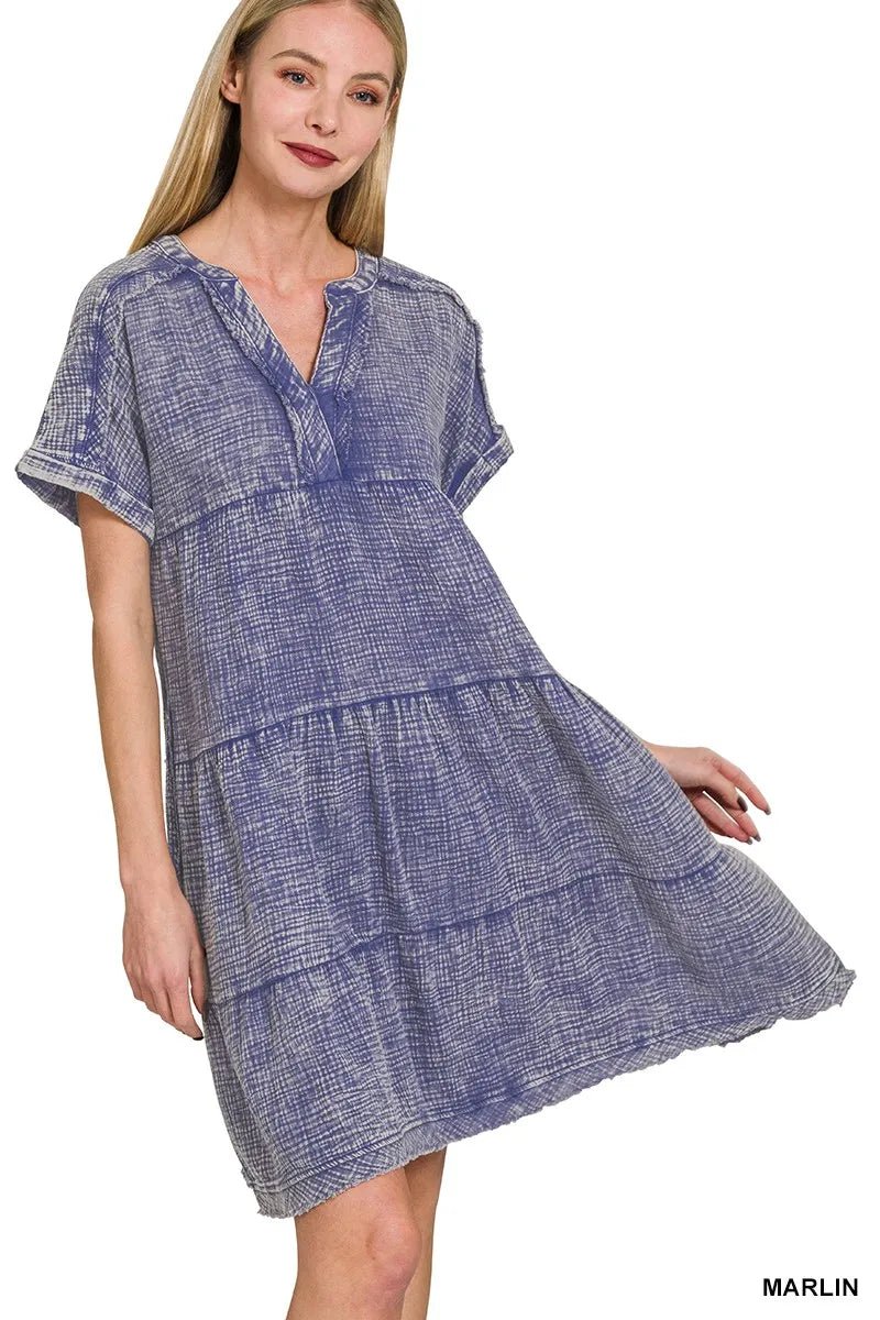 Zenana Washed Double Gauze Raw Edge V - neck Dress - JUST - JEN BOUTIQUE