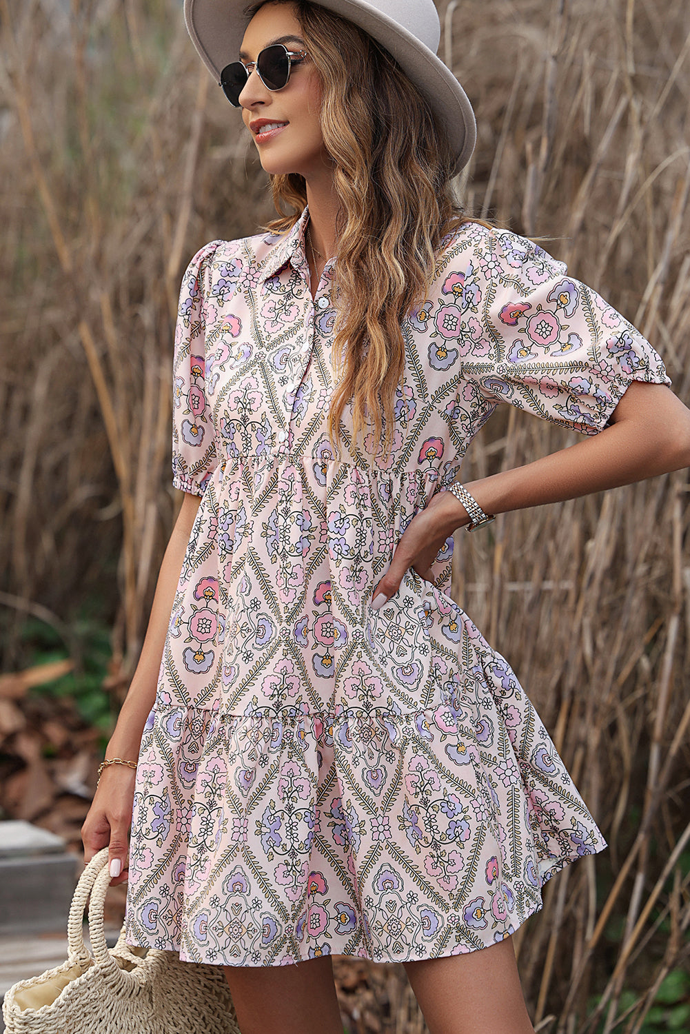 Pink Floral Button Shirt Collar Puff Sleeve Ruffle Dress