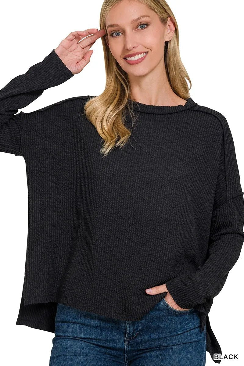 Zenana Full Size Exposed Seam Long Sleeve Corded Rib Knit Top Plus Size - JUST - JEN BOUTIQUE