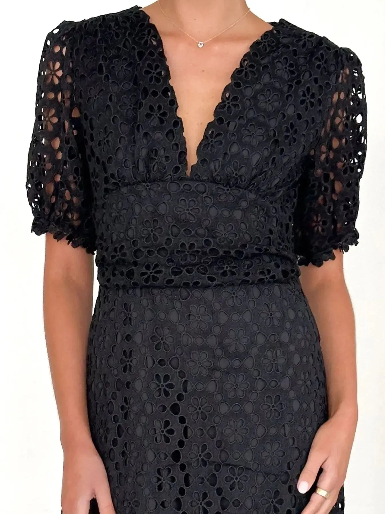 Eyelet Lace V - Neck Midi Dress with Puff Sleeves - JUST - JEN BOUTIQUE