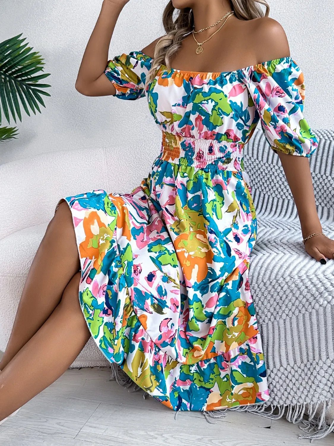 Ruffled Hem Smocked Floral Short Sleeve Midi Dress - JUST - JEN BOUTIQUE