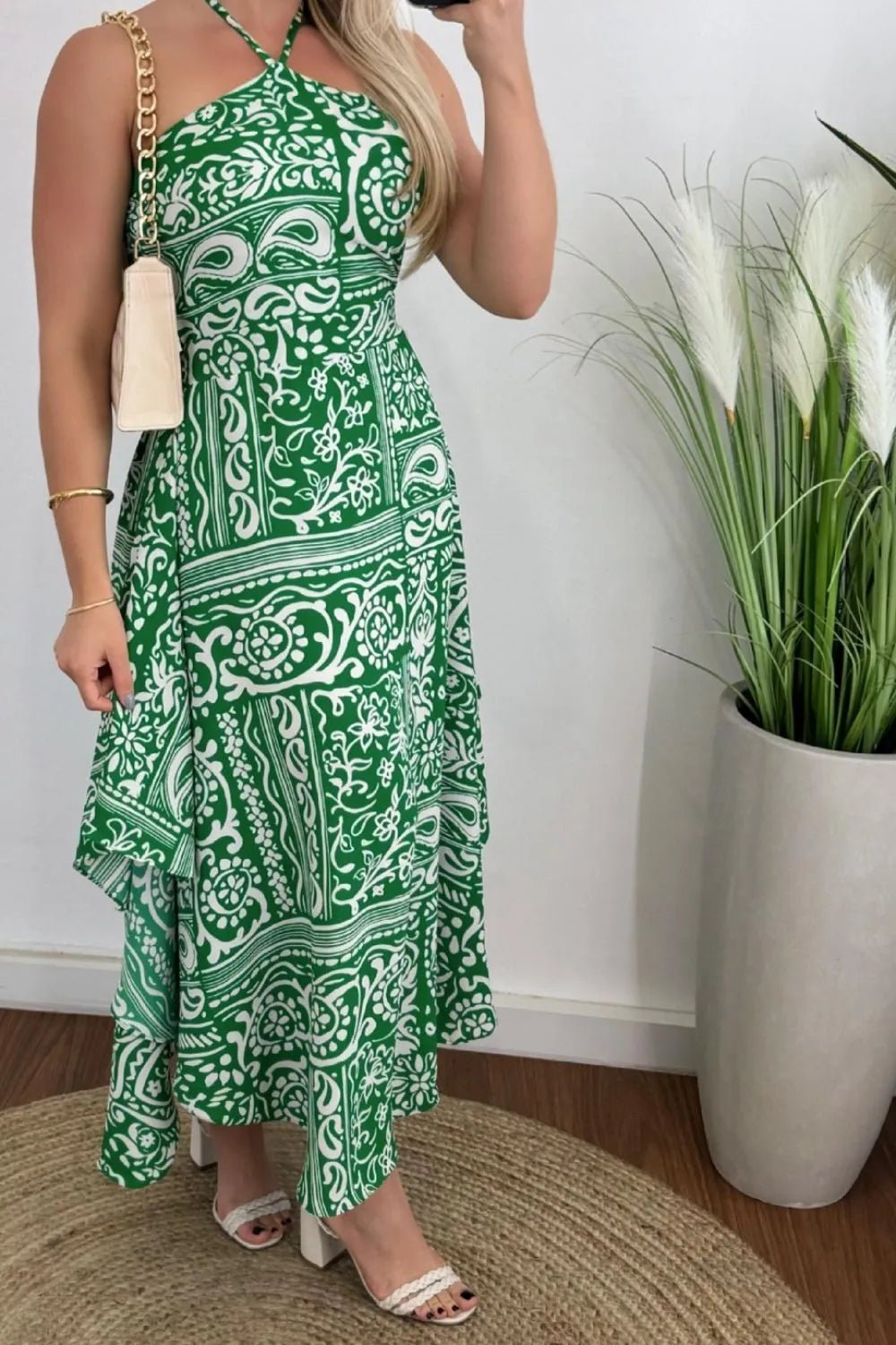 Smocked Printed Halter Neck Dress - JUST - JEN BOUTIQUE