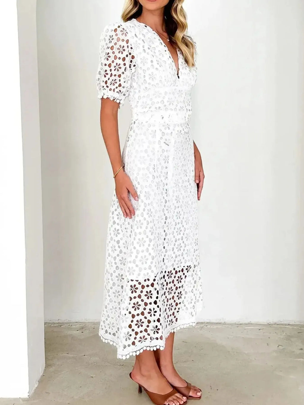 Eyelet Lace V - Neck Midi Dress with Puff Sleeves - JUST - JEN BOUTIQUE