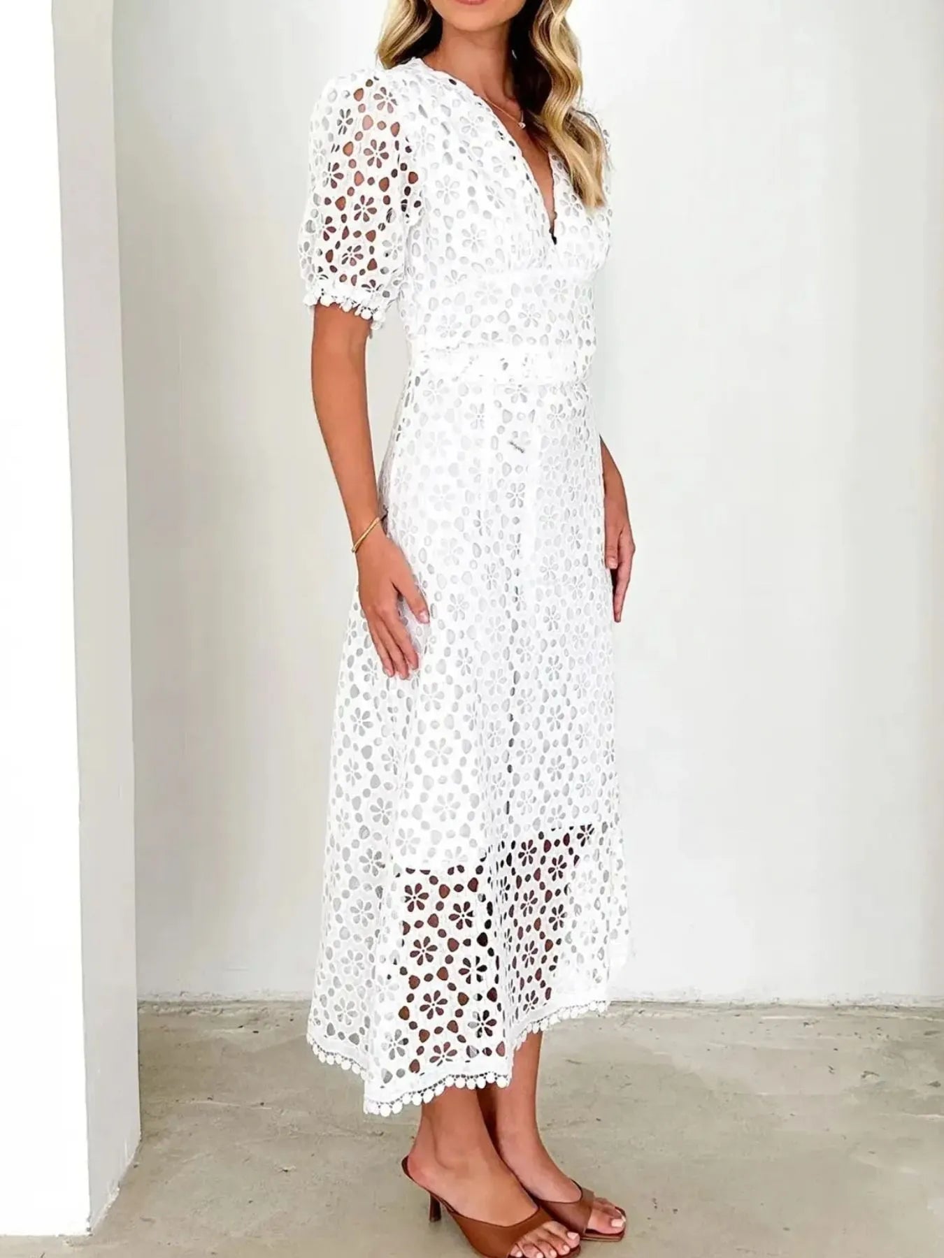 Eyelet Lace V - Neck Midi Dress with Puff Sleeves - JUST - JEN BOUTIQUE
