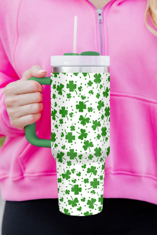 Dark Green Clover Print Thermos Cup with Handle 1200ml