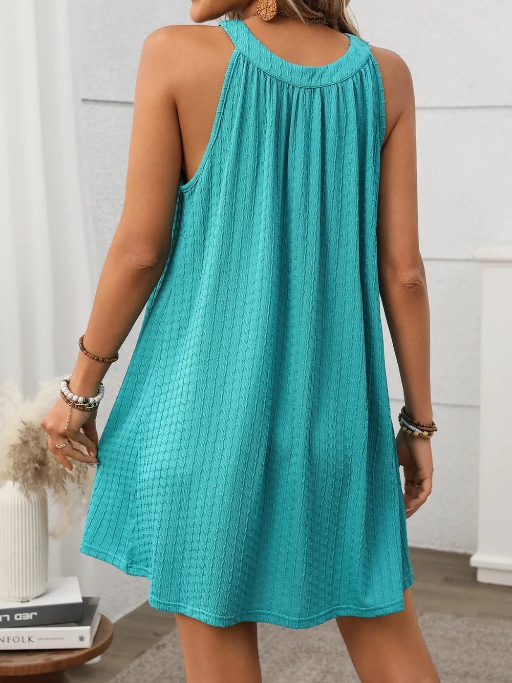 Textured Grecian Neck Mini Dress - JUST - JEN BOUTIQUE